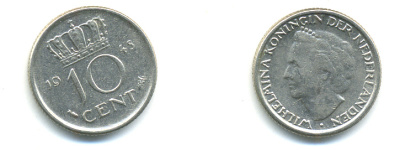 Нидерланды 10 центов 1948 Вильгельмина (1895-1948) KM 177 никель 83-958