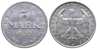 Германия 3 марки 1922 А, третья годовщина Веймарской Конституции KM 29, J. 303 алюминий 4380-735