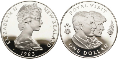 Новая Зеландия 1 доллар 1983 королевский визит, принц Чарльз и леди Диана, Елизавета II (1952-2022), в оригинальной коробке, сертификат KM 52а серебро PROOF 3-4-7-20
