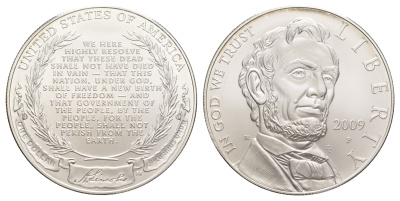 США 1 доллар 2009 P, 200 лет со дня рождения Авраама Линкольна KM 454 серебро  UNC  1079-5-62