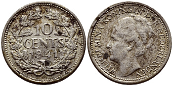 Нидерланды 10 центов 1941 Вильгельмина I (1890-1948) КМ 163 серебро 46-626