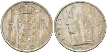 БЕЛЬГИЯ 5 ФРАНКОВ 1976 BELGIE, БОДУЭН I (1951-1993) KM 135.1 медно-никель 119-837