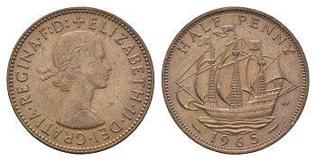 Великобритания 1/2 пенни 1965 Елизавета II (1952-2022) KM 896, Spink 4158 бронза 4662-1236
