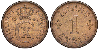 Исландия 1 эйре 1931 N-GJ, Кристиан X (1912-1944) KM 5.1 бронза 4596-151