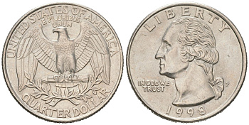 США 25 центов = квотер = 1/4 доллара 1998 P, Джордж Вашингтон KM 164a медь плакированная медно-никелем UNC 190-1256