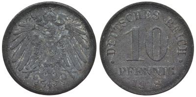 Германия 10 пфеннигов 1918 KM 26, J. 299, Weege 8 цинк 4119-334