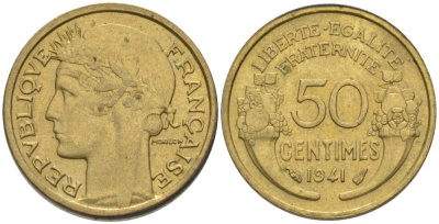ФРАНЦИЯ 50 САНТИМОВ 1941 ТИП MORLON KM 894.1, LE FRANC 192.18 алюминиевая бронза 44-613