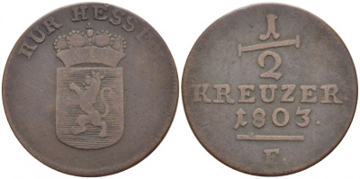 Гессен-Кассель 1/2 крейцера 1803 F, Вильгельм I (1803-1806) KM 558, Hoffmeister 2753 медь 175-1052