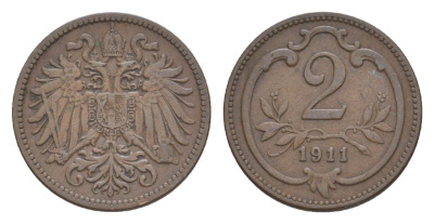Австрия 2 геллера 1911 Франц Иосиф I (1848-1916) KM 2801 бронза 4639-1027