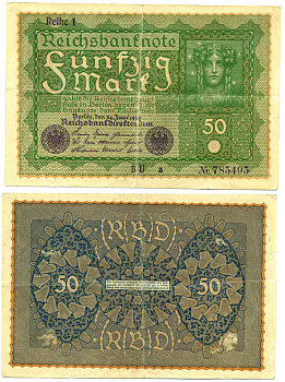 Германия 50 марок 1919 Reihe I, серия BU Pick 66, Rosenberg 62аа бумага 8617-38-2-1