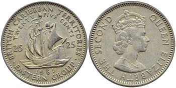 Британские Восточно-Карибские территории 25 центов 1961 Елизавета II (1952-2022), парусник KM 6 медно-никель 83-117