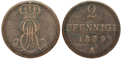 Ганновер 2 пфеннига 1839 A, Эрнст Август (1837-1851) KM 174.1, AKS 122, J. 55 медь 75-1711