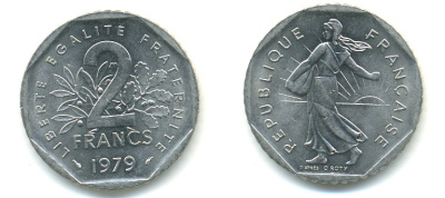 ФРАНЦИЯ 2 ФРАНКА 1979 СЕЯТЕЛЬ KM 942.1, LE FRANC 272.3 никель 57-437