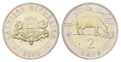Латвия 2 лата 2003 корова KM 38 биметалл BU 4678-333