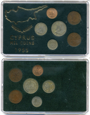 Кипр Британский набор из 6 монет 1955-1968 3, 5, 25, 50, 100 милей KM 33, 34, 36, 37, 40 бронза, медно-никель 7-5-5-29