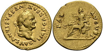 Римская Империя аурей 75 Веспасиан PAX AVGVSTI Пация, персонификация Мира, Рим, 7,08 ГР, Good Very fine RIC 770, Calic? 662 золото 00-000-00