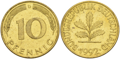ФРГ 10 пфеннигов 1992 D KM 108, J. 383 сталь плакированная латунью 4175-1232