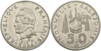 Французская Новая Каледония 50 франков 2006 хижина среди сосен и пальм, (IEOM) KM 13a, Schoen 15a, Lec 128i медно-никель 114-141