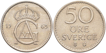 Швеция 50 эре 1963 U, Густав VI Адольф(1950-1973) KM 837 медно-никель 219-935
