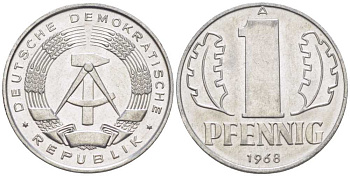 ГДР 1 ПФЕННИГ 1968 А KM 8.1 алюминий 66-359
