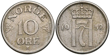 Норвегия 10 эре 1952 Хокон VII (1905-1957) KM 396 медно-никель 4549-964