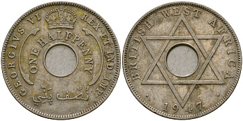 Британская Западная Африка 1/2 пенни 1947 H, Георг VI KM 18 медно-никель 25-1225