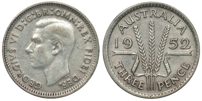 Австралия 3 пенса 1952 m, Георг VI (1937-1952), без букв KM 44 серебро 71-368
