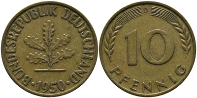 ФРГ 10 ПФЕННИГОВ 1950 D KM 108, J.383 сталь плакированная латунью 33-115
