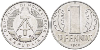 ГДР 1 ПФЕННИГ 1968 А KM 8.1 алюминий 66-359