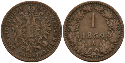 Австрия 1 крейцер 1859 A, Франц Иосиф I (1848-1916) KM 2186 медь 4154-831
