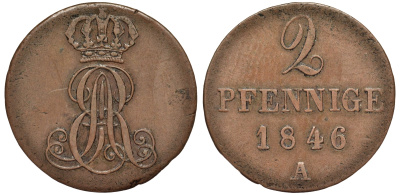 Ганновер 2 пфеннига 1846 A, Эрнст Август (1837-1851) KM 174.1, AKS 122, J. 55 медь 75-1832