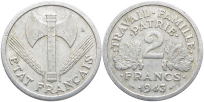 Франция 2 франка 1943 правительство Виши KM 904.1, LE FRANC 270.2 алюминий 109-1215