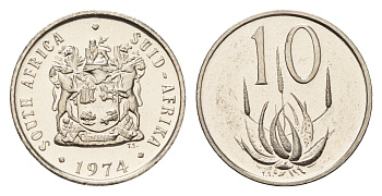 ЮАР 10 центов 1974 герб, цветок алоэ KM 85 никель PROOF 4685-768