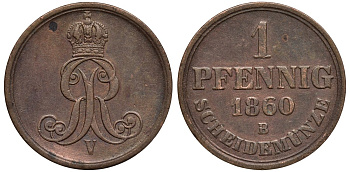 Ганновер 1 пфенниг 1860 B, Георг V KM 233, AKS 156, J. 90 медь 4594-211