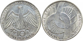 ФРГ 10 марок 1972 D, XX летние Олимпийские игры 1972 года в Мюнхене, символика KM 131, J.402 серебро UNC 1520-1433