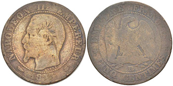 Франция 5 сантимов 1855 BB, Наполеон III (1852-1870) KM 777.3, LE FRANC 116.20 бронза 217-211