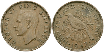 Новая Зеландия 1 пенни 1947 Птица Туи, Король Георг VI (1937 - 1952) KM 13 бронза 81-925