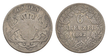 Баден 6 крейцеров 1842 Леопольд (1830-1852) KM 210 серебро 4604-1042