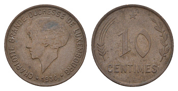 Люксембург 10 сантимов 1930 великая герцогиная Шарлотта (1919-1964) KM 41 бронза 4674-743
