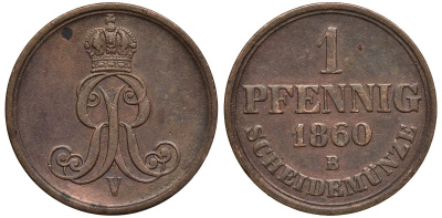 Ганновер 1 пфенниг 1860 B, Георг V KM 233, AKS 156, J. 90 медь 4594-211