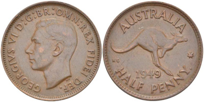 Австралия 1/2 пенни 1949 p, Георг VI (1936-1952), КЕНГУРУ KM 42 бронза 4514-832
