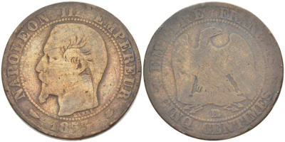 Франция 5 сантимов 1855 BB, Наполеон III (1852-1870) KM 777.3, LE FRANC 116.20 бронза 217-211