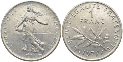 ФРАНЦИЯ 1 ФРАНК 1977 СЕЯТЕЛЬ KM 925.1, LE FRANC 226.22 никель 3856-747
