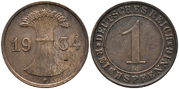 Германия 1 рейхспфенниг 1934 F KM 37 бронза 44-1251