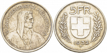 Швейцария 5 франков 1932 KM 40 серебро 650-1221