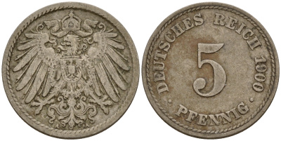 Германия 5 пфеннигов 1900 A J.12, KM 11 медно-никель    4598-1126