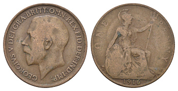 Великобритания 1 пенни 1916 Георг V (1910-1936) KM 810, Spink 4051 бронза 4661-532