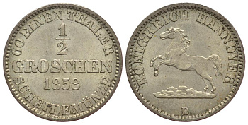 ГАННОВЕР 1/2 ГРОША 1858 В, ГЕОРГ V (1851-1866) KM 235, Jaeger 92, AKS 151 серебро aUNC 1515-2332