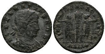 Римская Империя нуммий 337 Делмаций в ранге цезаря GLORIA EXERCITVS Сисция Good Very fine (степень редкости R3) RIC 266 бронза 1073-6-75