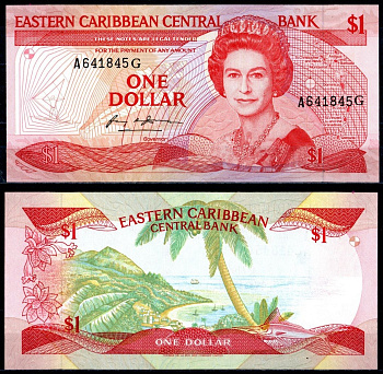 Восточные Карибы 1 доллар ND (1985-1988) королева Елизавета II (1952-2022), прибрежный пейзаж, пальмы Pick 17 g бумага UNC (пресс) 451-416-1